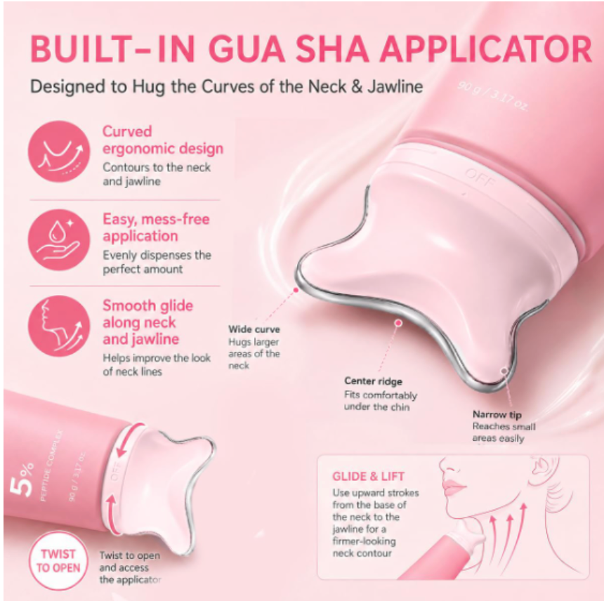 PDRN Collagen Neck Firming Cream with Built-In Gua Sha Massager — Volufiline 5%, 3.17 oz